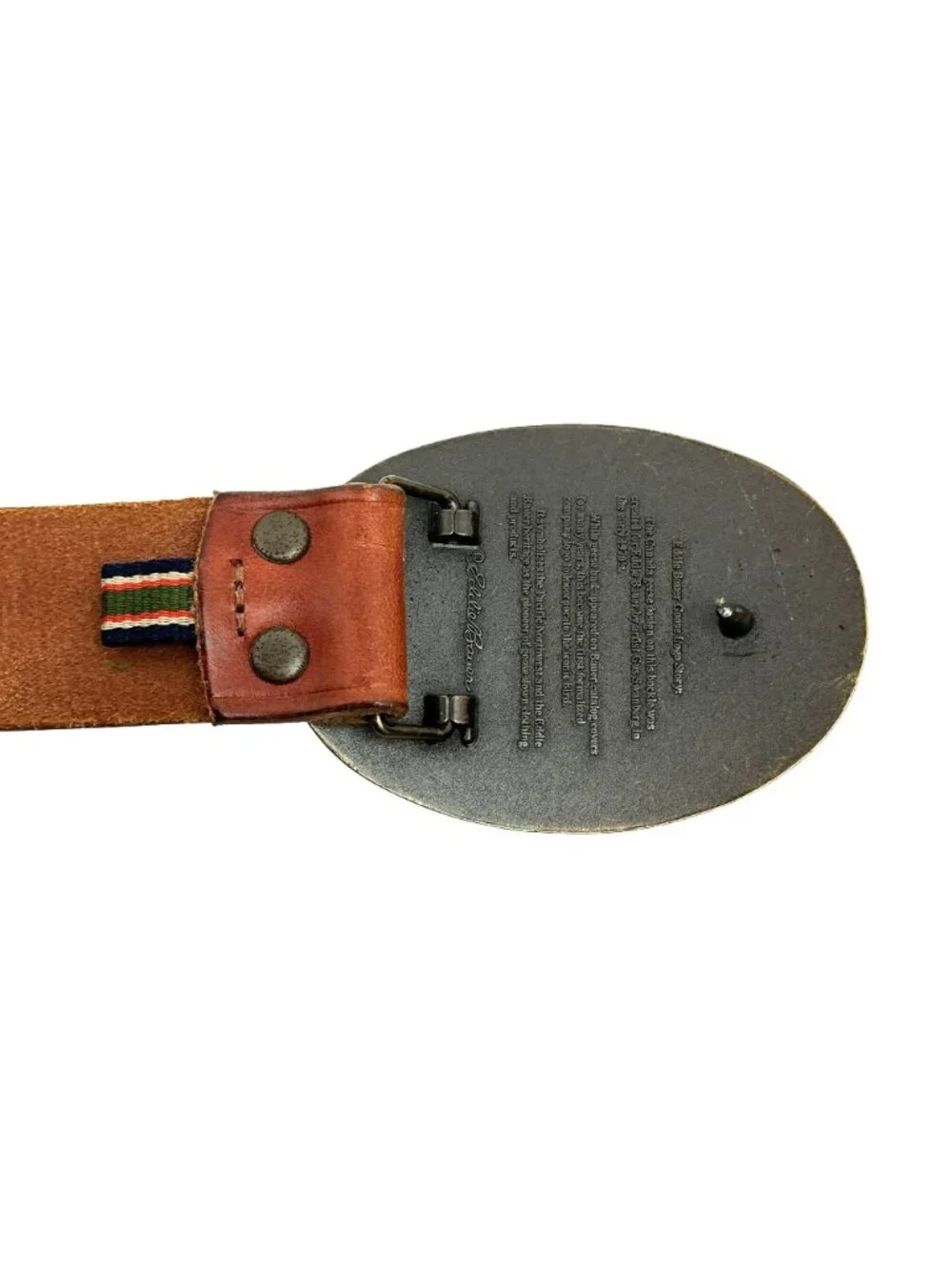 Eddie Bauer Ducks-In-Flight Design Medallion Buckle Leather Belt Mens 34 Brown